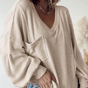 New Women’s Soft Knit Ribbed Top Balloon Sleeves V-Neck Lightweight Cream Small